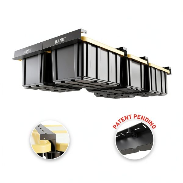 HANDT Overhead Garage Storage Rack, Connectable Heavy Duty Metal Ceiling Rails For Garage Storage Organization Shelving System, Hanging Racks For Tote Containers, Supports Up To 6 Bins, 4 Sets Black-1