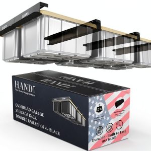 HANDT Overhead Garage Storage Rack, Connectable Heavy Duty Metal Ceiling Rails For Garage Storage Organization Shelving System, Hanging Racks For Tote Containers, Supports Up To 6 Bins, 4 Sets Black-0