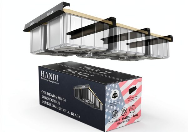HANDT Overhead Garage Storage Rack, Connectable Heavy Duty Metal Ceiling Rails For Garage Storage Organization Shelving System, Hanging Racks For Tote Containers, Supports Up To 6 Bins, 4 Sets Black-0