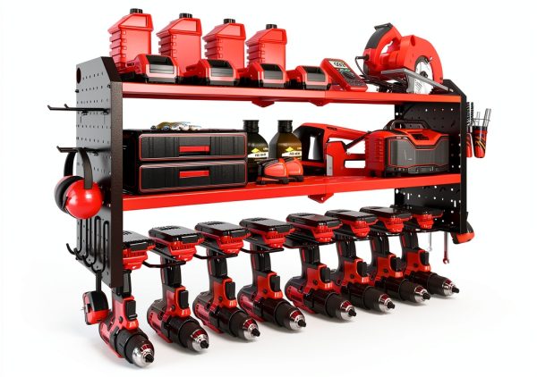 Power Tool Organizer KAFAHOM 8-Drill Wall Mount 2 Side Pegboards Red-0