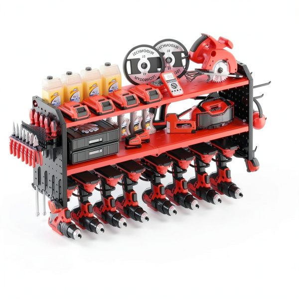 Power Tool Organizer KAFAHOM 8-Drill Wall Mount 2 Side Pegboards Red-3