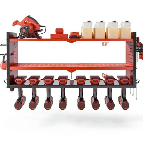 Power Tool Organizer KAFAHOM 8-Drill Wall Mount 2 Side Pegboards Red-2